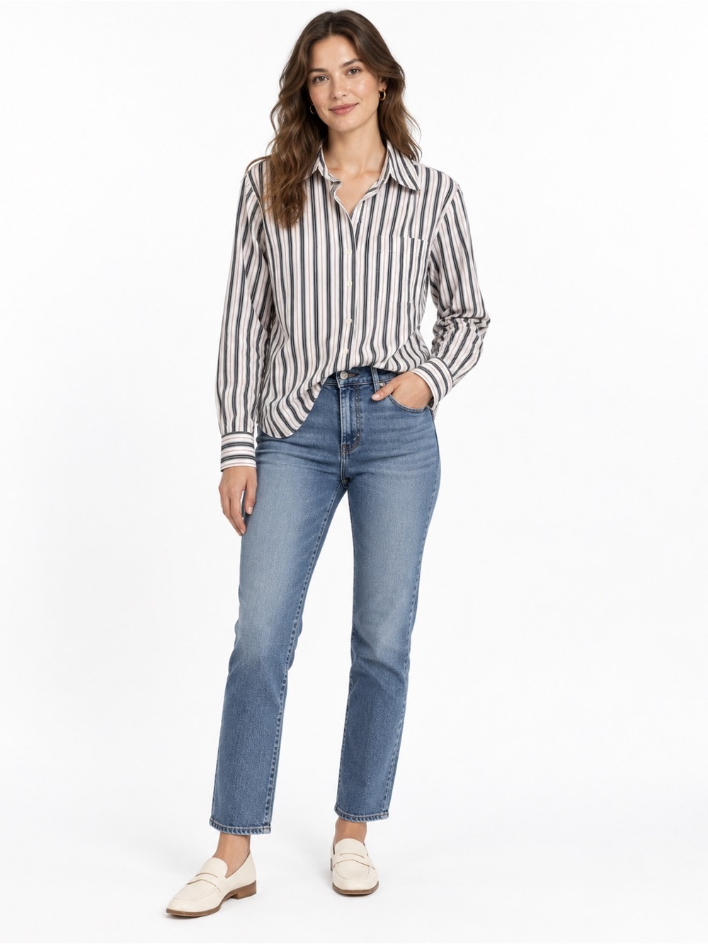 Madewell Striped Button Down Shirt Roll-Tab Long Sleeve Top Size Small